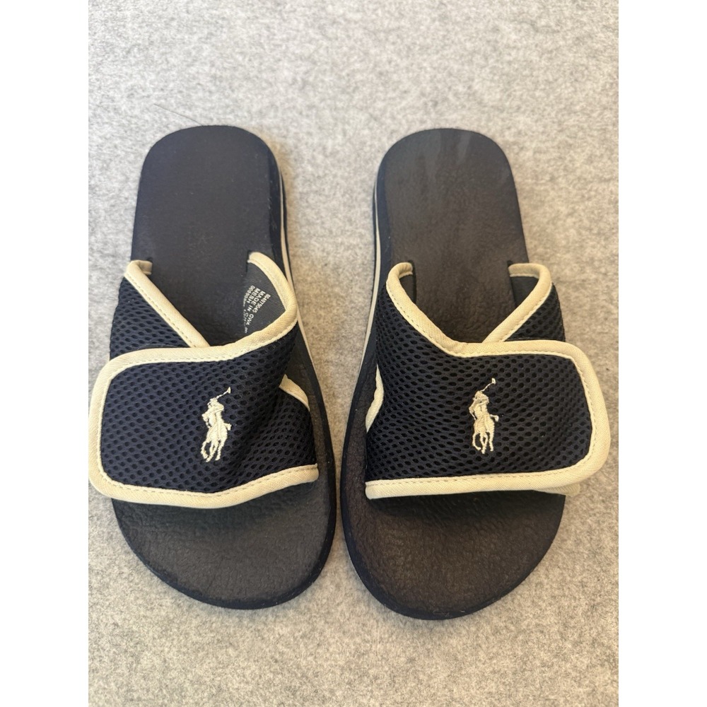 Polo Ralph Lauren Kids Youth Size 8B Mesh Slide Sandals Navy Cream Pony